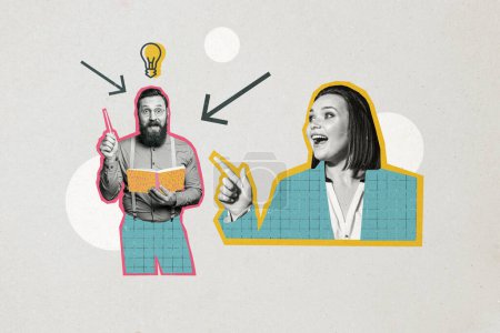 Composite photo collage of astonished bearded guy girl business people find idea solution light bulb notepad isolated on painted background.