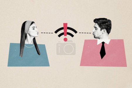 Composite Foto-Collage von glücklichen Mädchen Kerl Liebhaber senden Luft-Kuss Wifi Entfernung Geschwindigkeit Verbindung Wlan-Emblem isoliert auf gemaltem Hintergrund.