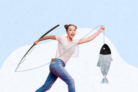 Collage photo composite de jeune fille heureuse courir pêche tenir poisson tige corde chasse trophée passe-temps isolé sur fond peint.