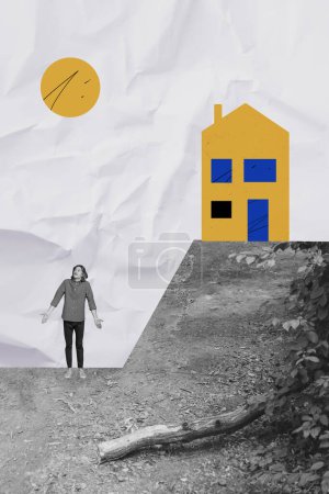 Vertical composite artwork collage image of mini black white effect guy shrug shoulders house isolated on creative background.