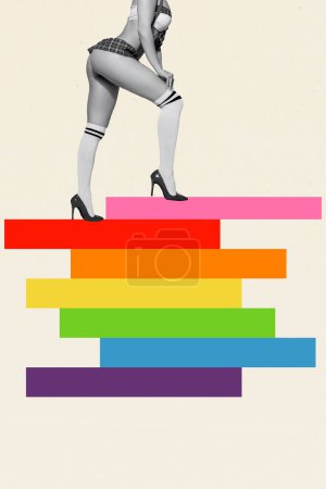 Vertikale Foto-Collage von heißen sexy Mädchen tragen sexuelle Dessous Schritt Regenbogen lgbt Treppe lesbische Dame Gemeinschaft isoliert auf gemaltem Hintergrund.