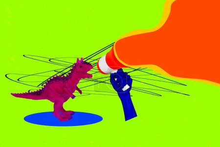 Collage 3d pinup pop retro sketch image of small dino screaming bullhorn isolated neon painting background.