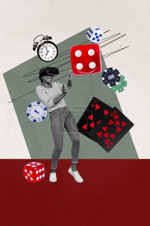 Tendencia ilustraciones boceto compuesto collage de fotos de casino juego ruleta suerte dados chip joven mujer usar gafas vr egame espacio virtual.