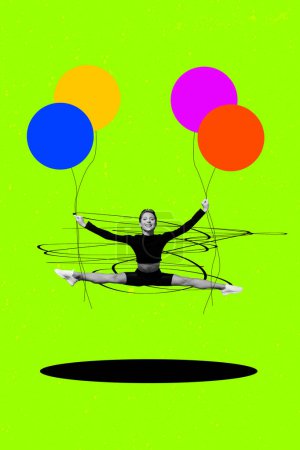 Skizze Bild Composite Trend Artwork Foto Collage von jungen Turnerin Sportlerin springen gespreizte Beine halten in der Hand helle Luftballons.