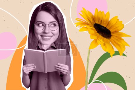 Kreativ collage bild glücklich fröhlich mädchen denken nerd buchwurm lesen buch literatur prüfung vorbereitung sonnenblumenblüte zeichnen hintergrund.
