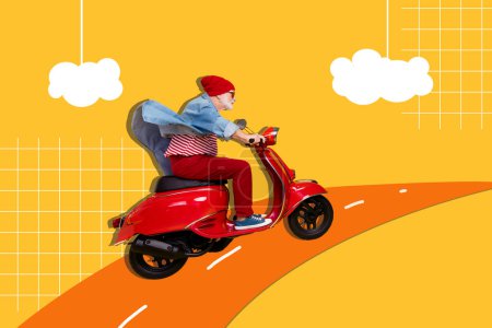 Creative picture collage mature retired man ride scooter traffic road clouds motorcycle journey vacation traveler checkered background.