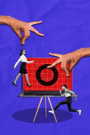 Composite tendance illustration croquis image photo collage d'énorme ordinateur portable dispositif affichage espace de travail projet femme homme équipe travail marionnette marionnette.