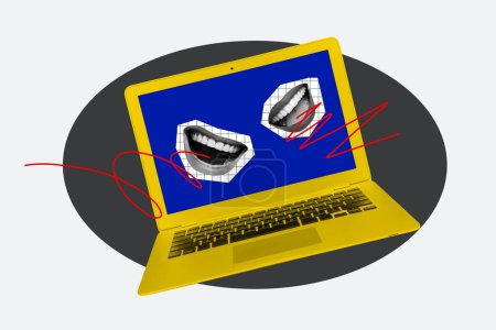 Creative collage image laptop computer mouth caricature psychedelic concept face fragments smile teeth social media network.