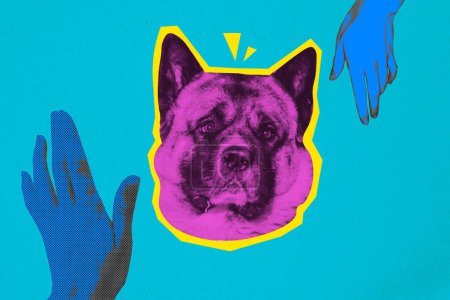 Composite creative sketch template photo collage of blue human hands stretch to confused colorful dog isolated on painted background.