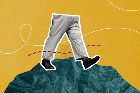 Composite photo collage of male legs step path walk mountain cliff new shoes black friday purchase trip isolated on painted background.