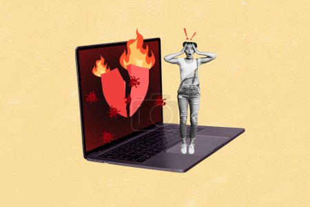 Zusammengesetzte Foto-Collage von aufgebrachten verängstigten Mädchen gehackt macbook-Gerät Insekt Trojaner verbrennen Schild Angriff isoliert auf gemaltem Hintergrund.