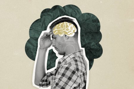 Collage photo composite d'un homme d'affaires sérieux pensez stratégie remue-méninges à l'intérieur de la tête dilemme d'organe cérébral isolé sur fond peint.