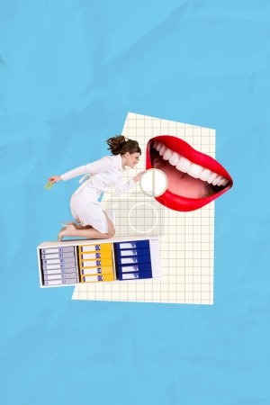 Kreative vertikale Collage Bild junge Krankenschwester geben Pille Dosis Tablette Medikamente Behandlung Gesundheit Krankheit Zeichnung Hintergrund.