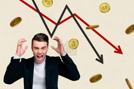 Composite photo collage of scream hysterics guy bankrupt arrow point down recession problem golden coin isolated on painted background.