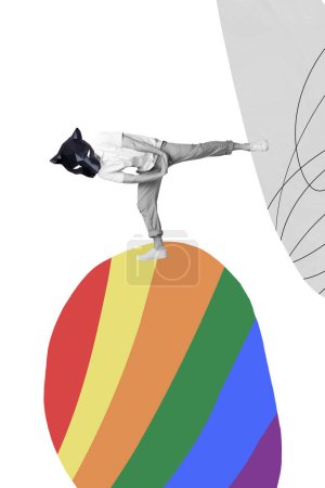 Sketch image trend photo collage of freedom gay gender lesbian lgbt young man headless animal head instead stand one leg keep balance.