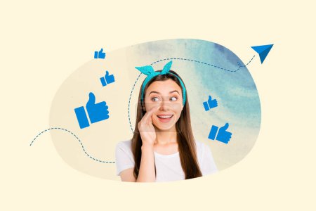 Creative image young cheerful girl hand gesture gossip hearsay silent share tell speech thumb up feedback reaction social media network.