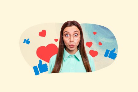 Imagen de foto creativa chica joven cara divertida expresión amor retroalimentación pulgar hacia arriba como la aprobación de las redes sociales reacción dibujo fondo.