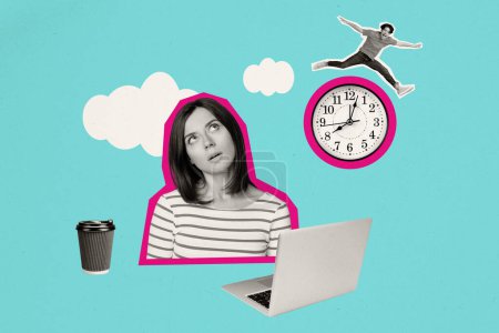 Composite trend artwork sketch image photo collage of silhouette young confused lady work laptop drink coffee cup clock show time man run.