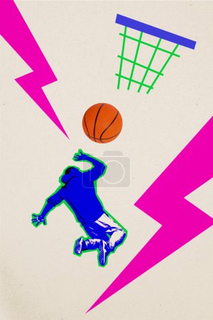 Composite tendance illustration croquis image 3D photo collage de sport effort exercice dynamique silhouette jeune gars jouer basket-ball jeu jeter.