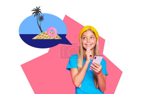 Collage photo composite de petite adolescente tenir appareil iphone rêve vacances d'été île réserver des billets isolés sur fond peint.