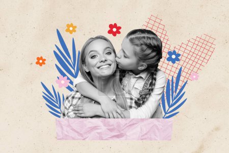 Imagen creativa cartel collage de personas positivas hija niño beso madre sobre pastel color fondo.