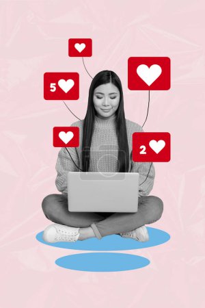 Collage image verticale jeune fille satisfaite blogueur assis recevoir des commentaires réseaux sociaux adeptes des médias augmenter la popularité de la croissance ordinateur portable.