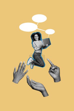 Vertical photo collage of happy girl jump human hand palm index finger point lady hold macbook speak message isolated on painted background.