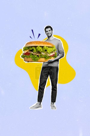 Vertikale Collage Poster junger lächelnder Mann Burger Sandwich Mahlzeit Salatbrötchen Kalorien Lebensmittel ungesunde Ernährung leckeres leckeres Mittagessen.