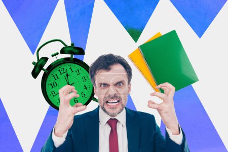 Composite trend artwork sketch image 3D photo collage of young angry crazy man bossy boss show gesture hand clock time deadline notebook.