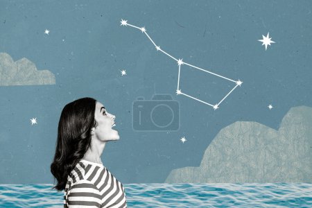 Composite photo collage of happy excited woman watch sky cassiopeia constellation water sea view ocean isolated on painted background.