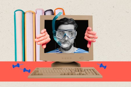 Composite Foto-Collage von lustigen Mann tragen Schwimmausrüstung Peek Computer Monitor Bildschirm Bürobedarf isoliert auf gemaltem Hintergrund.