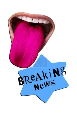 Sketch composite artwork vertical collage of white color backdrop textbox cloud banner breaking news moody open mouth show tongue.
