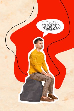 Photo collage artwork minimal picture of doubtful unsure guy feeling puzzled isolated graphical background.