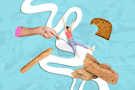 3D photo collage composite of blue color doodle line draw model young woman sit in huge spoon keep fit eat bread bakery cafe bite piece.