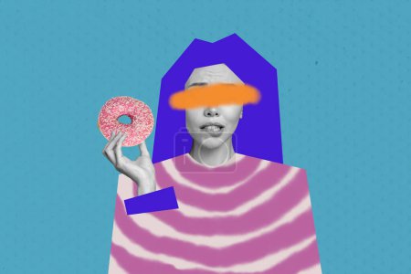 Composite photo collage of anonym girl taped eyes hold donut sweet bakery desert want eat bite lips hungry isolated on painted background.