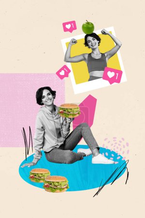 Vertical image collage picture happy young smiling cheerful woman burger food nutrition calories healthy meal fruit sportive lifestyle.