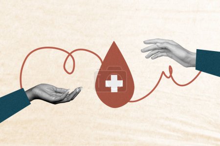 Composite collage of beige color background donation charity two hands help each other share support heart blood drop transfusion donor.