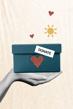 Composite collage of beige color background donation charity hands hold give stuff box donate help each other share support heart shape.
