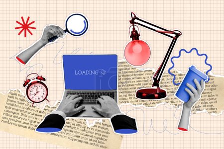 Creative collage picture laptop worker busy task deadline miss late coffee mug lightbulb research loop literature page book background.