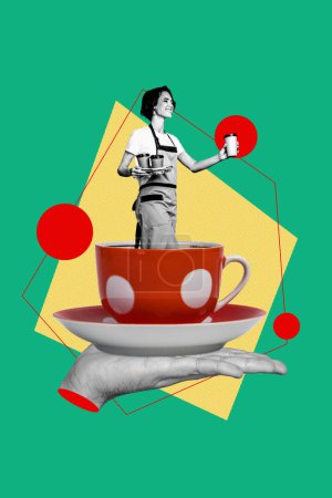 Composite sketch image artwork photo collage of young lady appear in reto vintage cup on plate barista carry deliver takeaway mugs coffee.