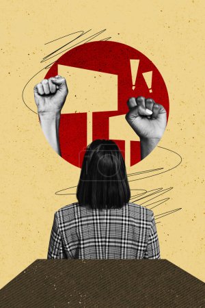 Vertical collage picture woman back employee worker human fists strike pretense show demonstration movement drawing background.