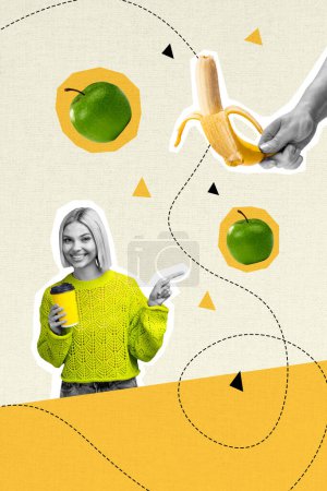 Trend artwork composite sketch image 3D photo collage of young lady keep diet hand finger show banana apple healthy food fruit vegan.