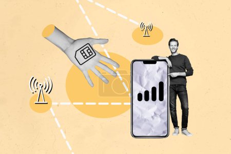 Composite collage of beige background black white silhouette young man hold hand finger gesture huge phone internet antenna signal simcard.