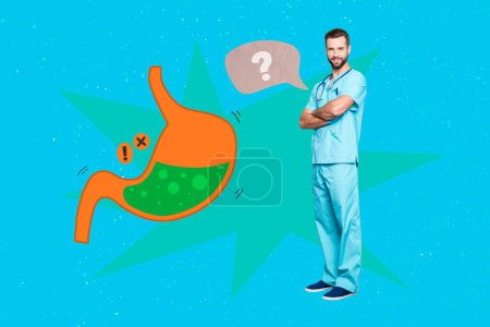 Composite photo collage of smile man doctor gastroenterologist examine stomach organ pain gastric juice isolated on painted background.
