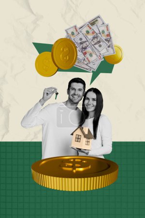 Vertical photo collage of happy couple girl man hold key new house buy property rich cash savings earn coin isolated on painted background.