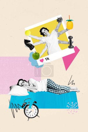 Vertical photo collage of sleepy girl lie pillow dream popular instagram post social network blogging like isolated on painted background.