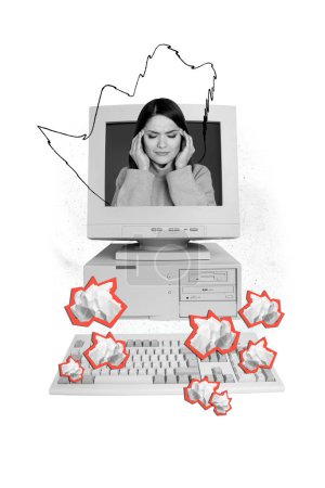 Creative abstract template collage of stressed young female deadline worker computer monitor unusual fantasy billboard comics zine.