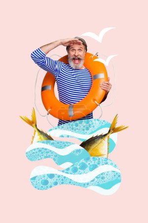 Vertical photo collage of happy old man sailor wear orange lifebuoy look fish tail ocean vacation travel isolated on painted background.