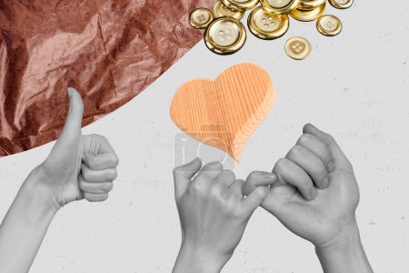 Trend artwork sketch image composite 3D collage of paper heart shape figure huge hands appear hold show gesture friendship thumb unity.