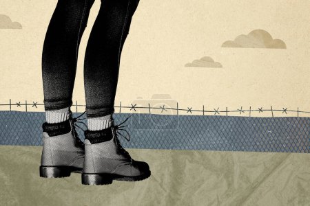 collage photo composite de pieds féminins stand clôture obstacle prison concept pénal punition illégale isolé sur fond peint.